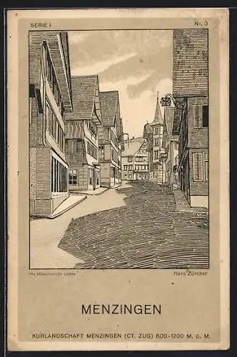 Künstler-AK Menzingen, Eine Strassenpartie, Hans Zürcher