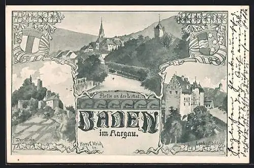 Künstler-AK Baden, Landvogtei-Schloss, Ortsansicht, Wappen