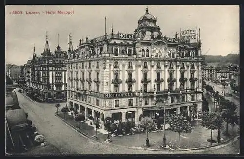 AK Luzern, Hotel Monopol und Blick die Strasse hinunter