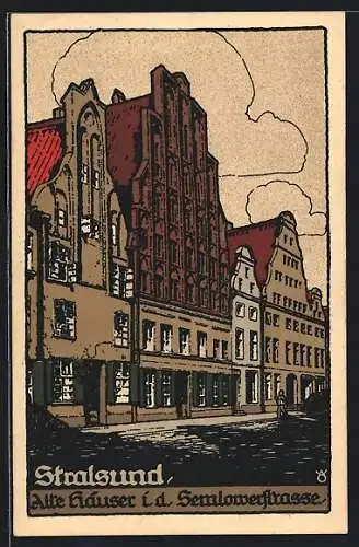 Steindruck-AK Stralsund, Alte Häuser i. d. Semlowerstrasse