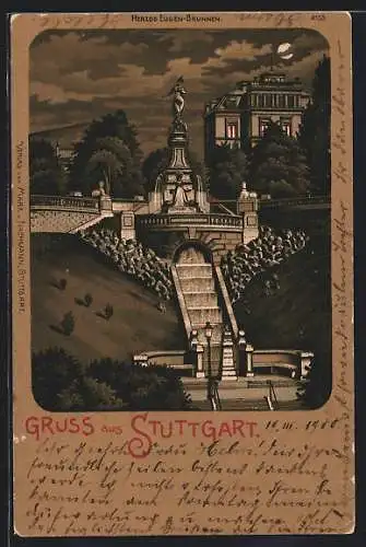 Lithographie Stuttgart, der Herzog Eugen Brunnen