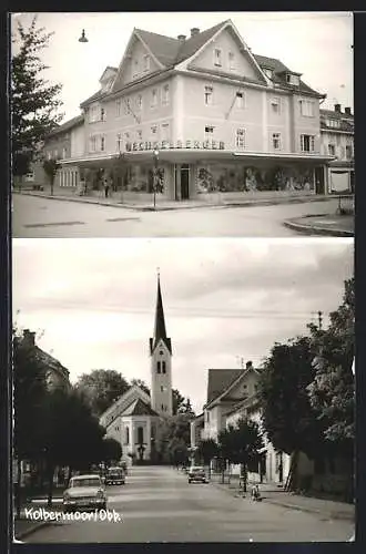 AK Kolbermoor /Obb., Geschäft Wechselberger, Strassenpartie mit Kirche