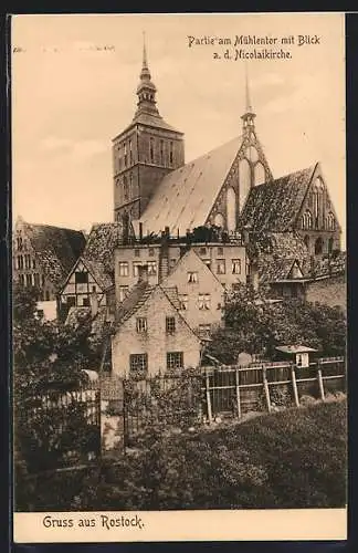 AK Rostock, Partie am Mühlentor mit Blick auf die Nicolaikirche