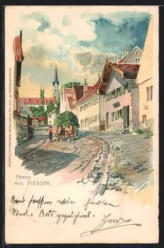 Lithographie Diessen / Ammersee, Strassenpartie mit Fuhrwerk