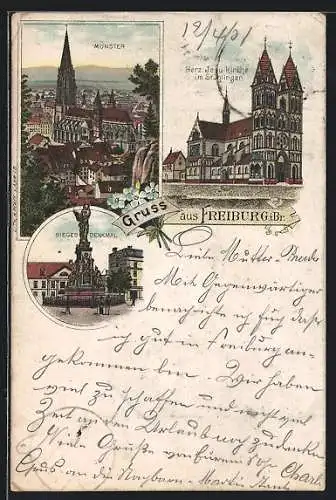 Lithographie Freiburg i. Br., Münster, Sieges-Denkmal, Herz Jesu-Kirche im Stühlinger