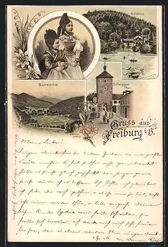 Lithographie Freiburg / Breisgau, Waldsee, Schwaben-Thor, Waldsee, Güntersthal