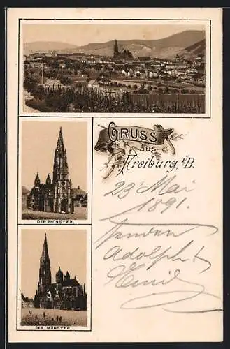 Vorläufer-Lithographie Freiburg i. B., 1891, Teilansicht, Der Münster