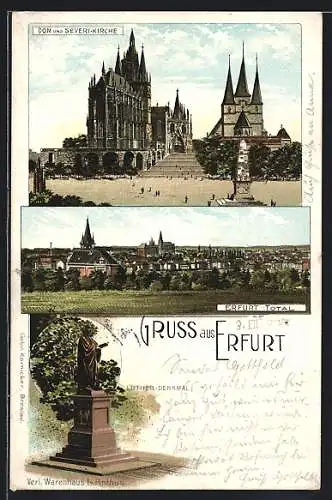 Lithographie Erfurt, Dom und Severi-Kirche, Totalansicht, Luther-Denkmal
