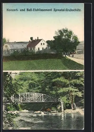 AK Grubschütz-Spreetal, Konzert- und Ballhaus, Uferpartie mit Brücke