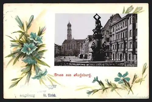 Präge-AK Augsburg, Strassenpartie mit Kirche und Brunnen, Glockenblumen