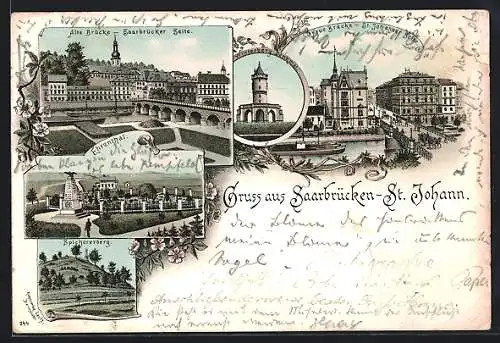Lithographie Saarbrücken-St. Johann, Alte Brücke Saarbrücker Seite, Ehrenthal, Spichererberg
