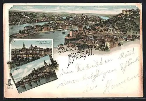 Lithographie Passau, Ortsansicht von der Donaubrücke, Innstadt, Gesamtansicht