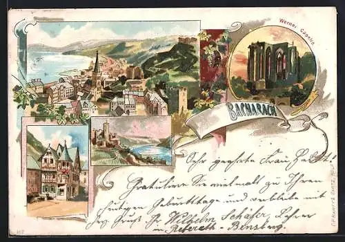 Lithographie Bacharach, Werner-Kapelle, Strassenpartie, Panorama