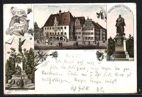 Lithographie Heilbronn, Rathaus, Denkmal Kaiser Friedrich III., Kaiser Wilhelm-Denkmal