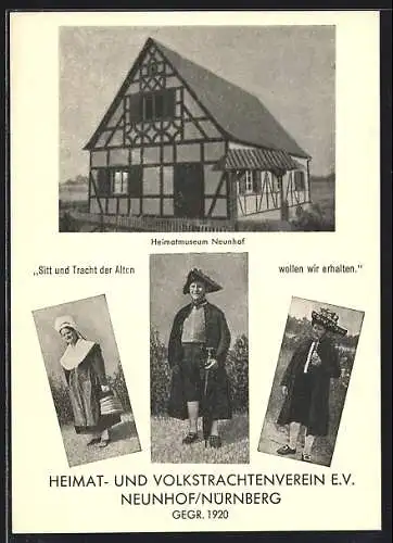 AK Nürnberg-Neunhof, Heimat- u. Volkstrachtenverein, Heimatmuseum, Männer und eine Frau in bayerischer Tracht