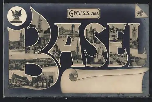 AK Basel, Buchstaben mit Ansichtskartenmotiven, Montage