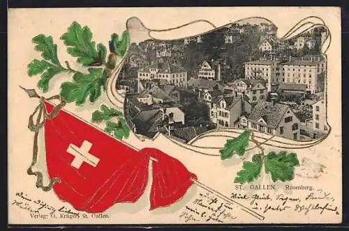 Präge-AK St. Gallen, Rosenberg, Passepartout mit Fahne und Eichenblättern