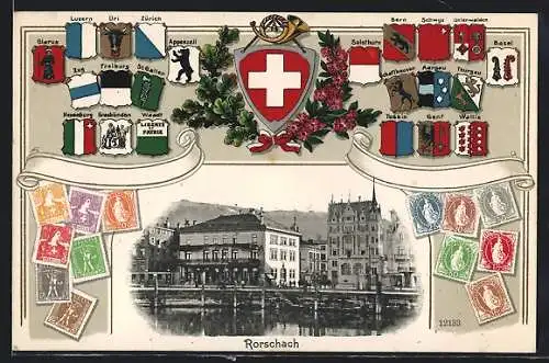 Passepartout-Lithographie Einsiedeln, Marktplatz, Wappen der Kantone, Briefmarken der Schweiz