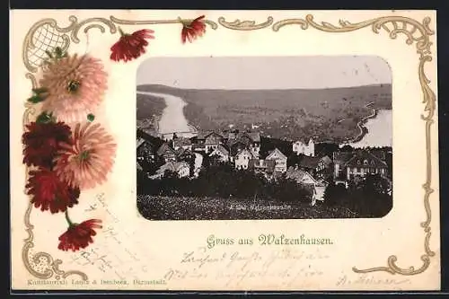 AK Walzenhausen, Ortsansicht, Passepartout mit Blumen