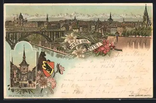 Lithographie Bern, Ortsansicht mit Uhrenturm