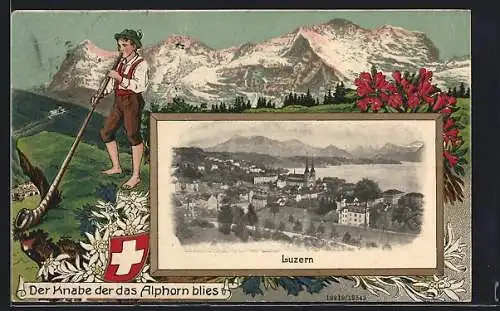 Präge-AK Luzern, Teilansicht und Passepartout Knabe mit Alphorn
