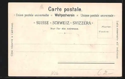 Lithographie Geneve, Rue du Mont Blanc, Hote des Postes, Victoria-Hall, Strassenbahn