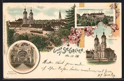 Lithographie St. Gallen, Kloster, Stiftskirche mit Innenansicht und Frauenkloster Notkersegg