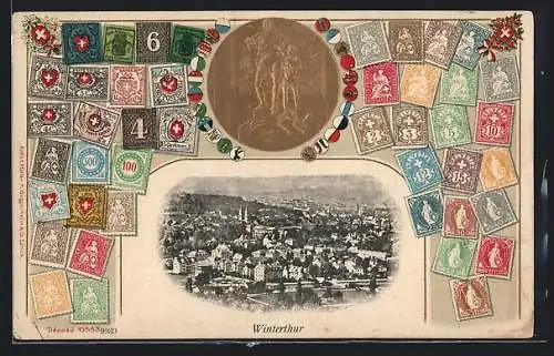 Präge-AK Winterthur, Stadtansicht und Passepartout mit Briefmarken