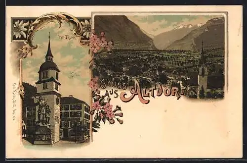 Lithographie Altdorf, Teilansicht, Tell-Turm