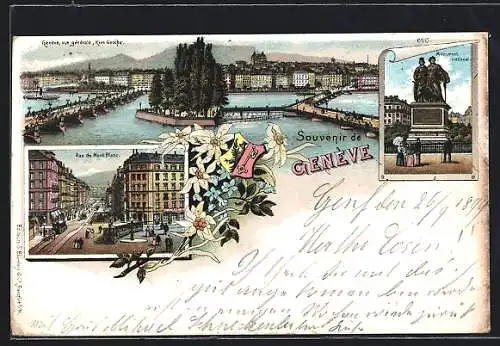 Lithographie Genève, Vue générale Rive Gauche, Rue du Mont Blanc, Monument national