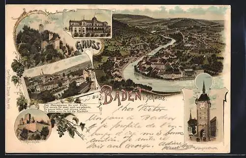 Lithographie Baden, Casino, Schloss Stein, Schartenfeld, Gefängnisturm