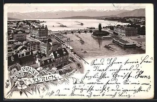 Lithographie Zürich, Teilansicht mit Flusspartie