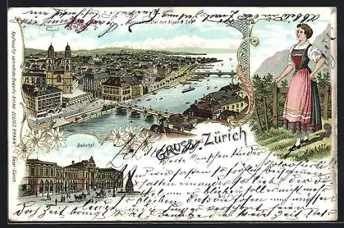 Lithographie Zürich, Bahnhof, Grossmünster mit Alpen und See