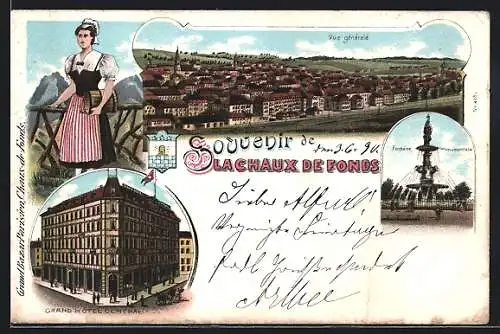 Lithographie La Chaux de Fonds, Grand Hotel Central, Fontaine Monumentala, Vue generale