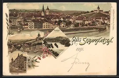 Lithographie Schaffhausen, Panorama, Oberstadt, Rheinfall