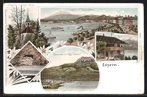 Lithographie Luzern, Ortsansicht mit Pilatus, Küssnacht mit Rigi, Rütli und Löwendenkmal