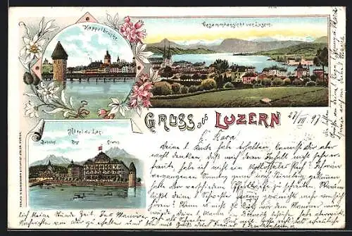 Lithographie Luzern, Hôtel du Lac und Kappelbrücke