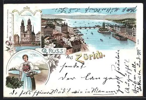 Lithographie Zürich, Gesamtansicht aus der Vogelschau, Grossmünster, Frau in Tracht