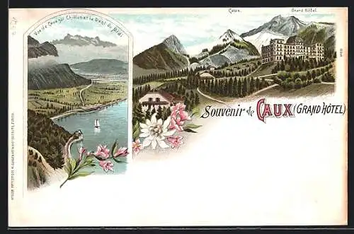 Lithographie Caux, Grand Hôtel, Vue de Caux sur Chillon et la Dent du Midi