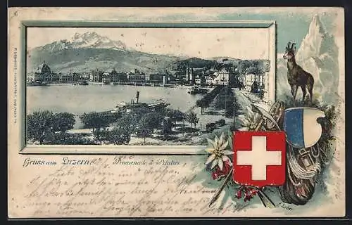 Passepartout-Lithographie Luzern, Promenade & Pilatus, Gemse mit Wappen
