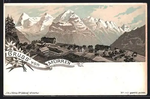 Lithographie Mürren, Ortsansicht aus der Vogelschau