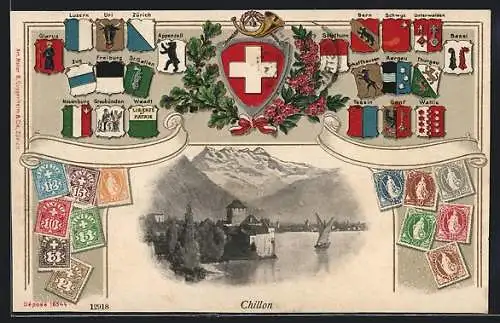 Lithographie Chillon, Schloss am Wasser, Passepartout mit den Wappen der Kantone