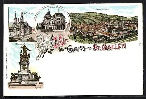 Lithographie St. Gallen, Unionbank, Stiftskirche und Monumentalbrunnen