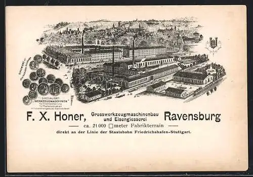 Lithographie Ravensburg / Württ., Reklame für F. X. Honer, Grosswerkzeugmaschinenbau u. Eisengiesserei