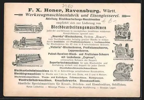 Lithographie Ravensburg / Württ., Reklame für F. X. Honer, Grosswerkzeugmaschinenbau u. Eisengiesserei