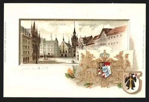 Passepartout-Lithographie München, Partie am Marienplatz, Wappen mit Münchner Kindl