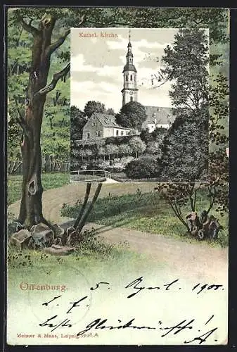 AK Offenburg, Die Katholische Kirche, Passepartout mit einer Waldszene
