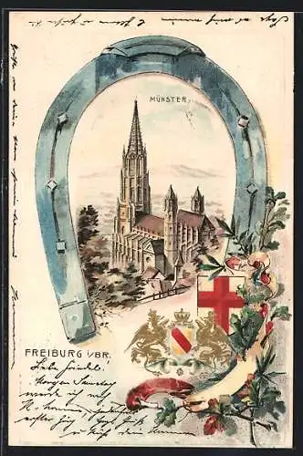 Passepartout-Lithographie Freiburg i. Br., Münster von Hufeisen gerahmt, Wappen