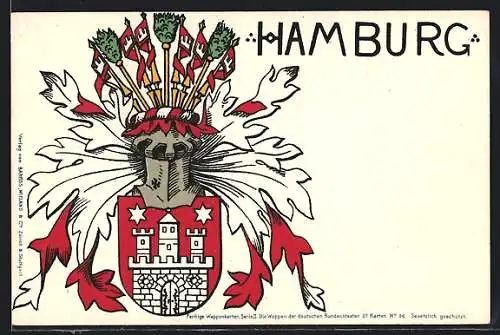 Lithographie Hamburg, Ritterhelm und Wappen