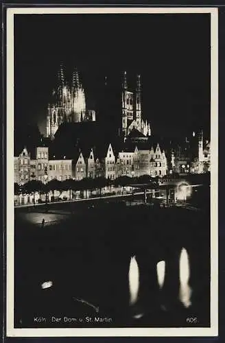 AK Köln, Der Dom und St. Martin bei Nacht